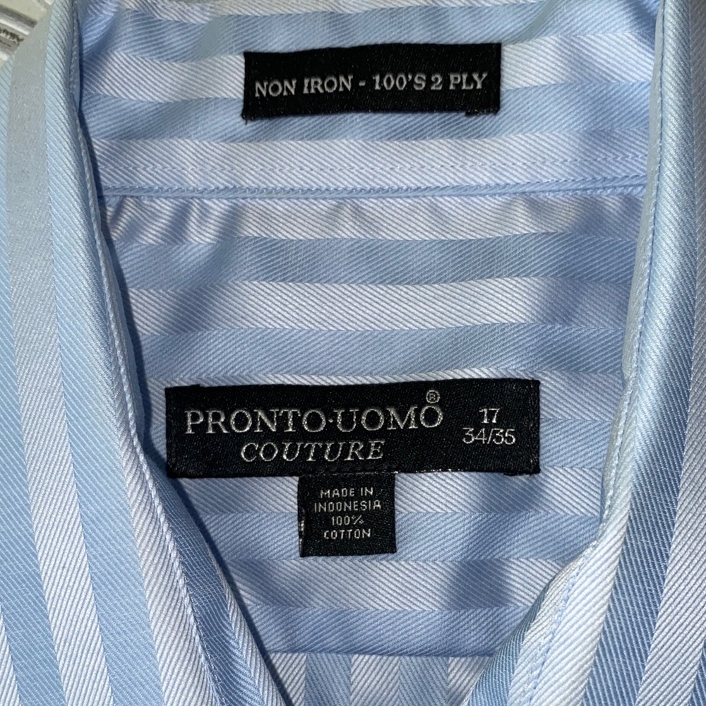 Pronto Uomo Couture Mens 17 34/35 Light Blue Striped Dress Shirt Non Iron L - Picture 5 of 8